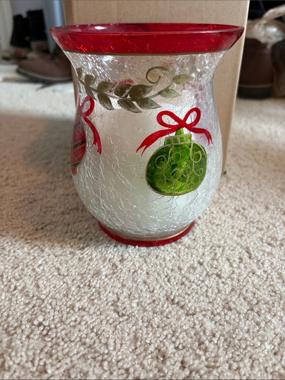 Hand-Painted Holiday Crackle Glass Votive - Red & Green Cypress